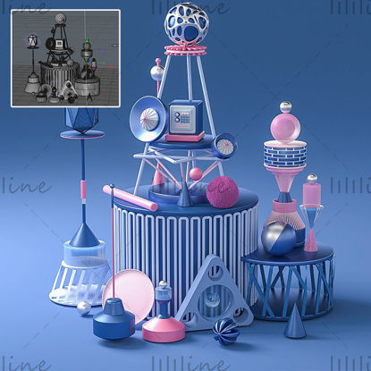 Multi-format blue pink C4D creative geometric objects stereoscopic 3d scene model