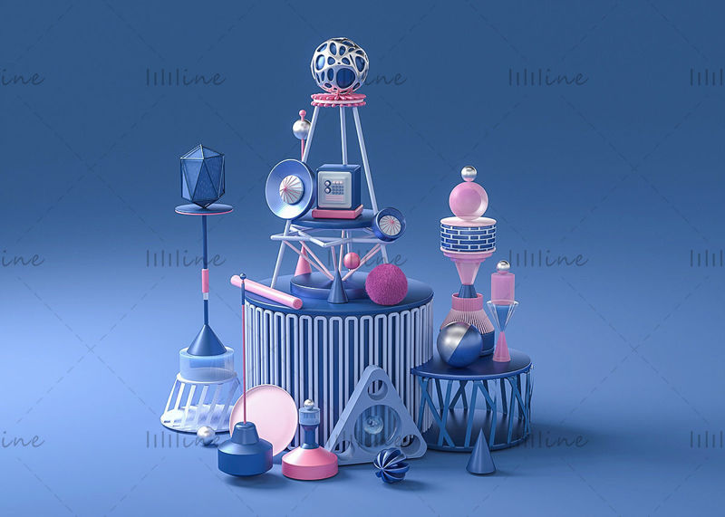 Multi-format blue pink C4D creative geometric objects stereoscopic 3d scene model