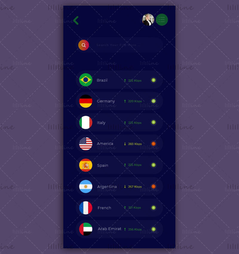 Комплект пользовательского интерфейса мобильного приложения Country VPN