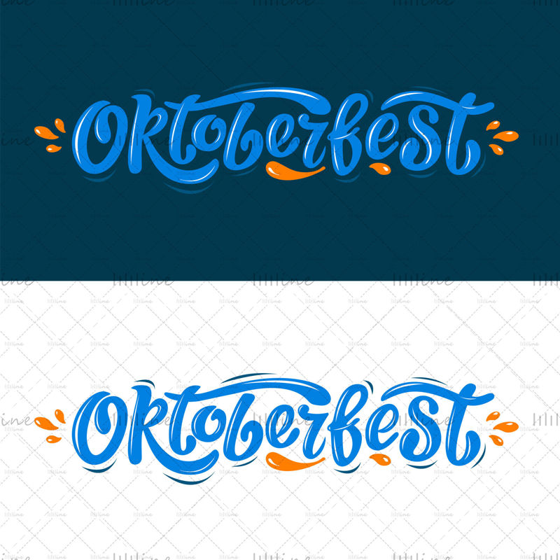 Oktoberfest handwritten lettering vector design, blue letters with orange drops on the white and blue background. Design template event celebration. Title for  cards and posters. Bavarian beer  Festival  banner