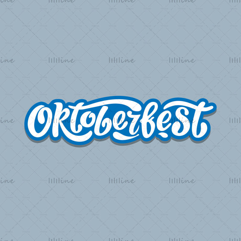 Oktoberfest el yazısı vektör tasarımı, mavi arka planda beyaz harfler. Tasarım şablonu olay kutlaması. Tebrik kartları ve posterler için başlık. Bavyera bira Festivali afiş