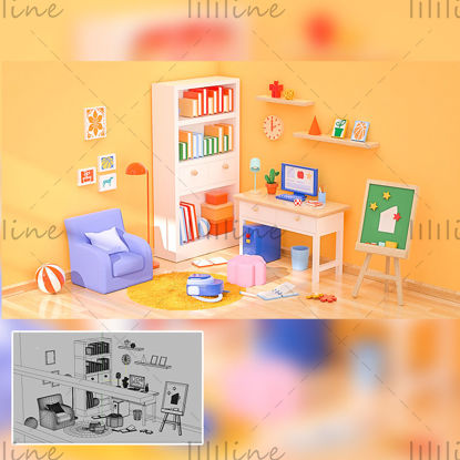 Multi-format c4d orange warm cartoon indoor learning creative 3d scene
