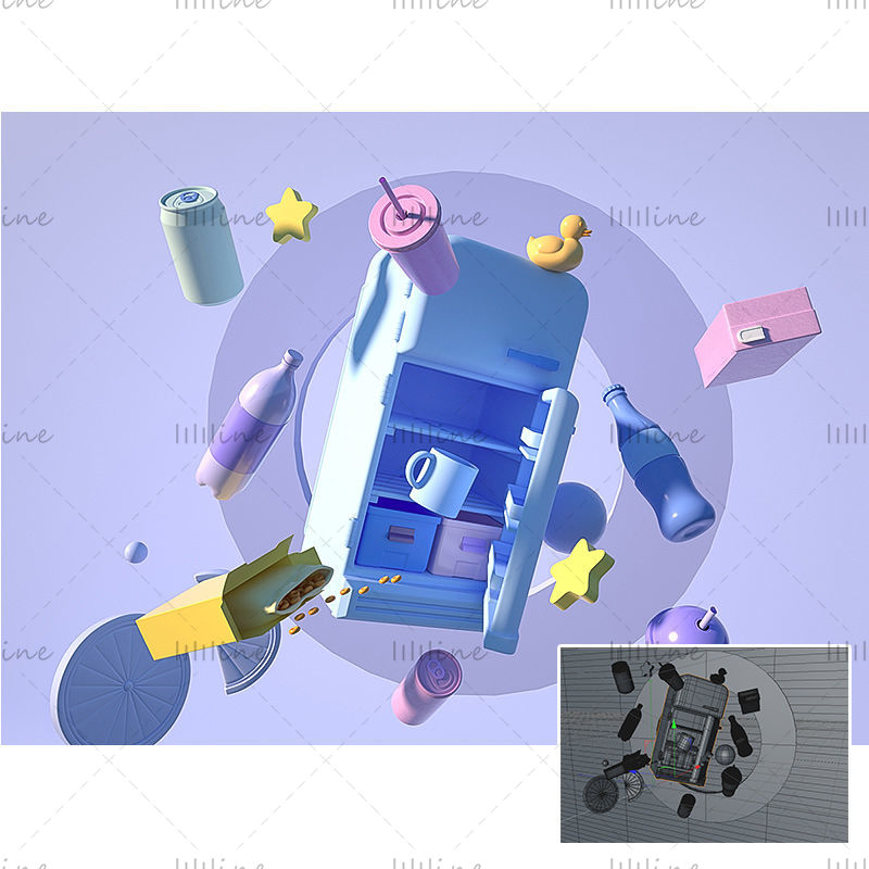 C4D blue purple refrigerator model drink UI icon element