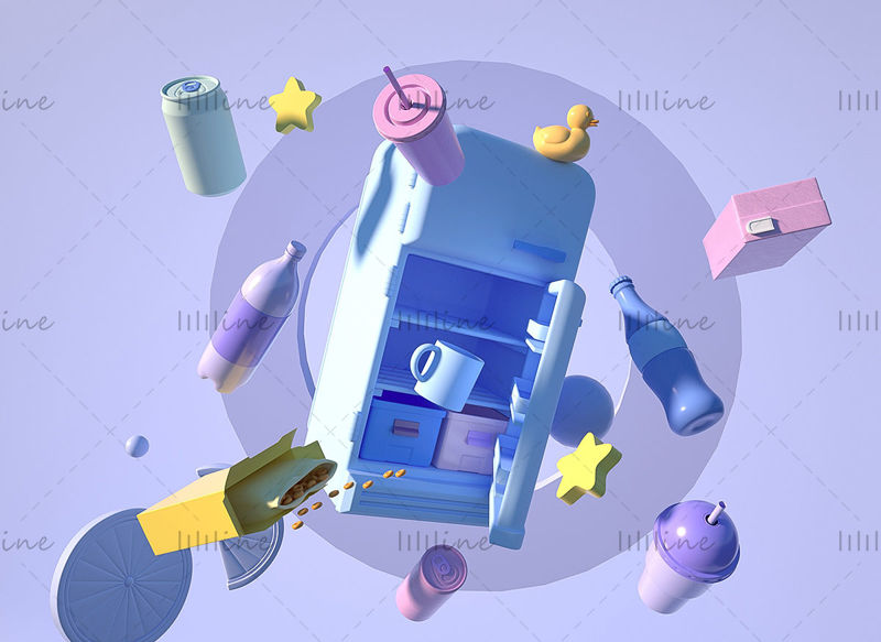 Élément d'icône d'interface utilisateur de boisson de modèle de réfrigérateur bleu violet C4D