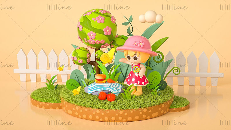 Multi-format C4D green simple spring outing creative 3d scene cartoon girl model