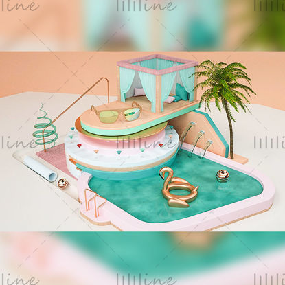 Modèle de scène 3D de piscine d'été rafraîchissante C4D multiformat