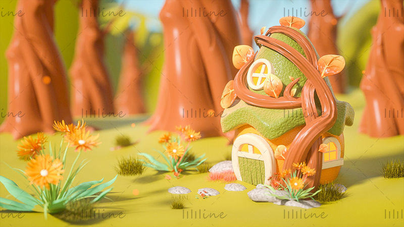 Multi-format C4D Fantasy Forest Creative Cartoon 3D Scene House Model