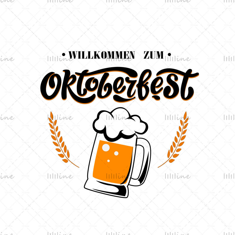 Willkommen Zum. Oktoberfest Almanca'ya hoş geldiniz, Oktoberfest buğday kulakları ve bir bardak bira ile el yazısıyla yazılmış yazı. Bira Festivali vektör afişi. Tasarım şablonu kutlaması.