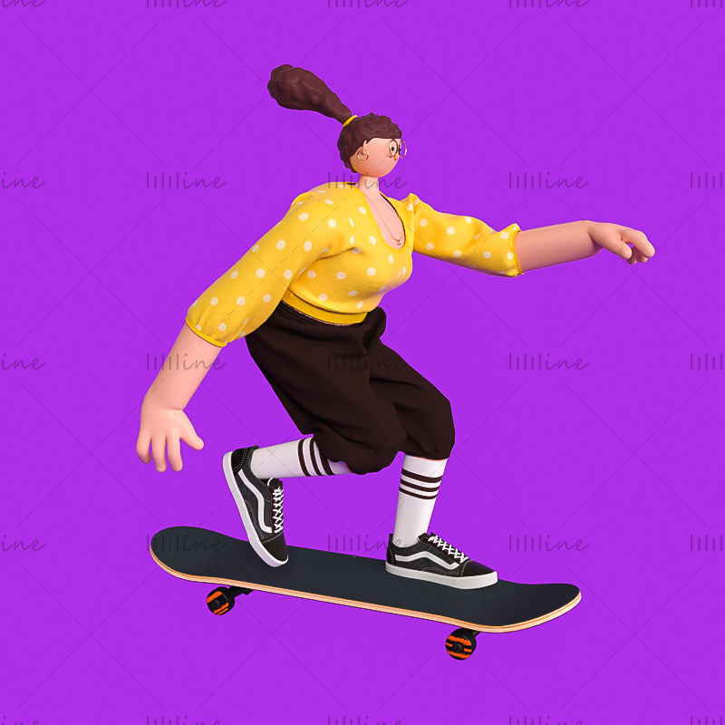 C4D cartoon style skateboarding 3d character model elements