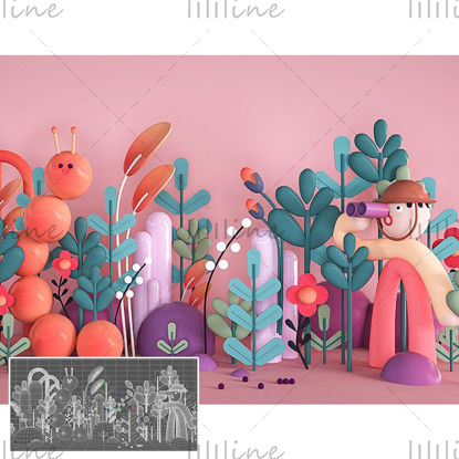 C4D couleur dessin animé ip personnage bug plante modèle de scène créative 3d