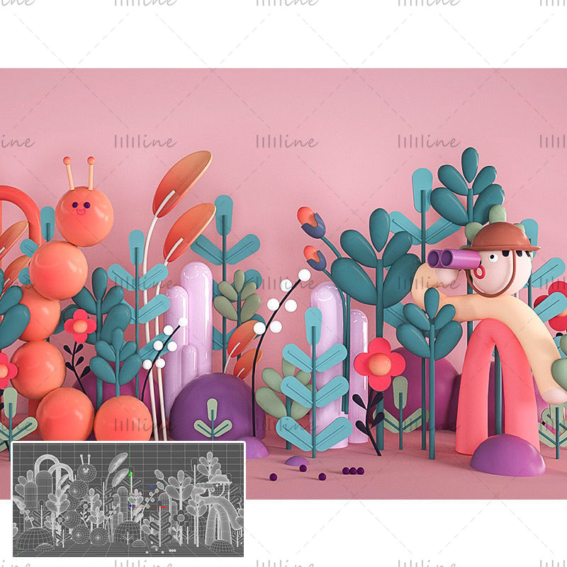 C4D color cartoon ip character bug plant 3d creative scene model