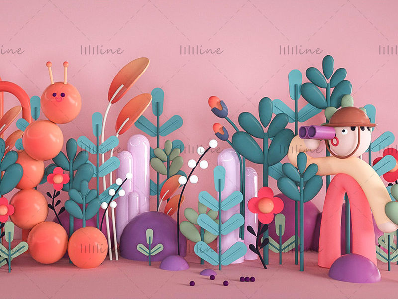 C4D color cartoon ip character bug plant 3d creative scene model