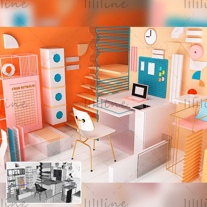 C4D Orange Online Education Live Course Hjemmekontor 3D -scenemodell