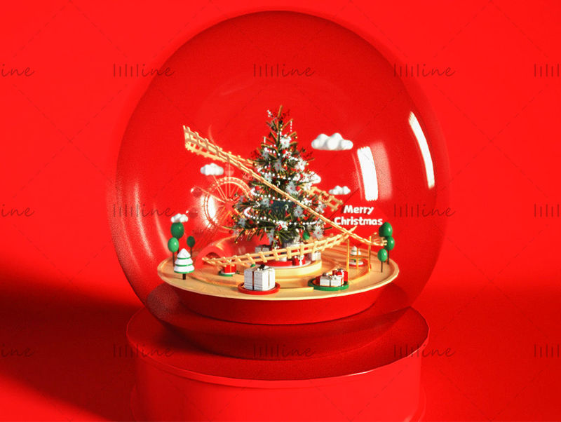 Escena del modelo creativo 3D de la bola de cristal del día de Navidad rojo C4D