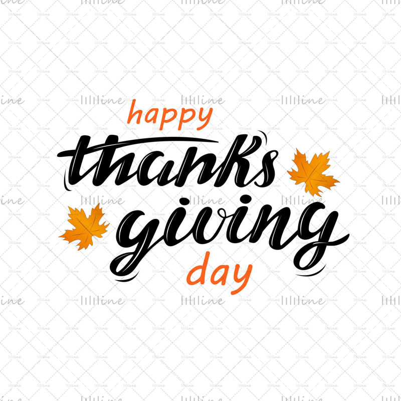 Честит Ден на благодарността цифрова ръка надписи с оранжеви кленови листа на бял фон. Празнична поздравителна картичка за празник, плакат, брошура. Векторни илюстрации.