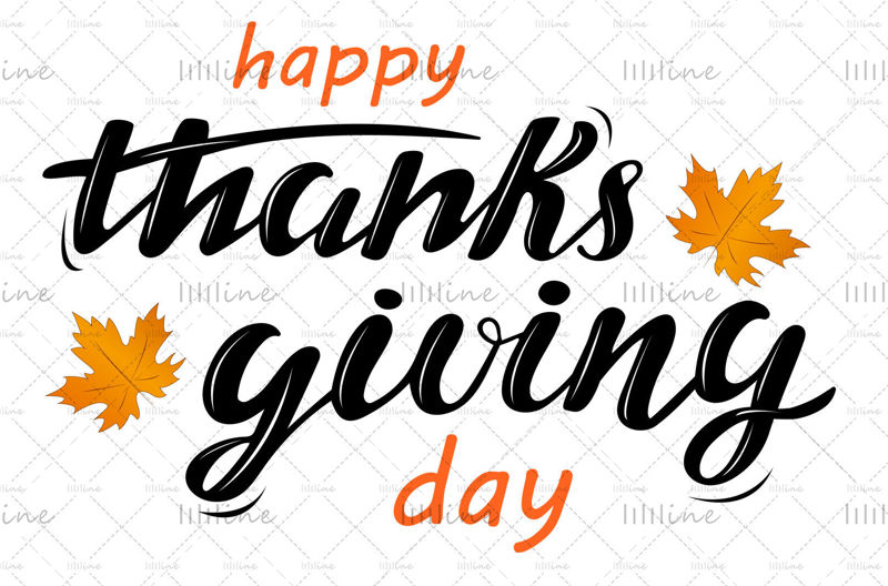 Честит Ден на благодарността цифрова ръка надписи с оранжеви кленови листа на бял фон. Празнична поздравителна картичка за празник, плакат, брошура. Векторни илюстрации.