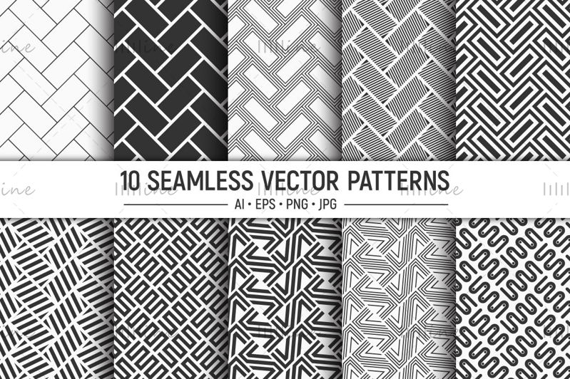 10 seamless bricks, striped shapes vector patterns