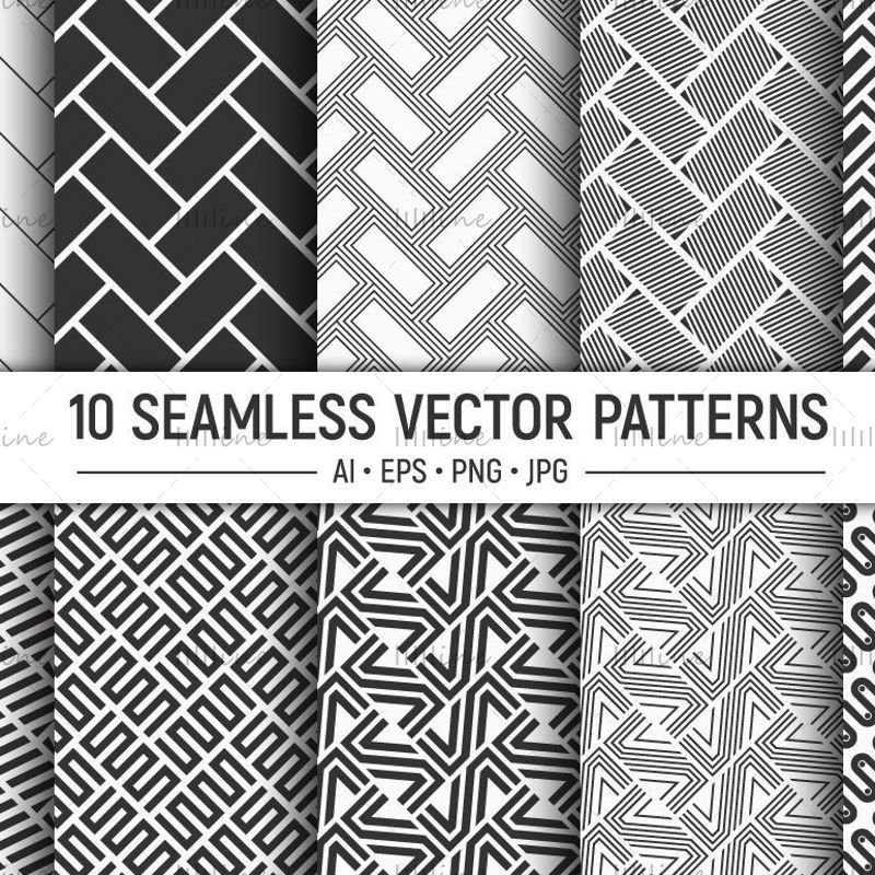 10 seamless bricks, striped shapes vector patterns