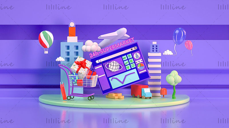 C4D cartoon building blocks style e-commerce platform creative 3d scene