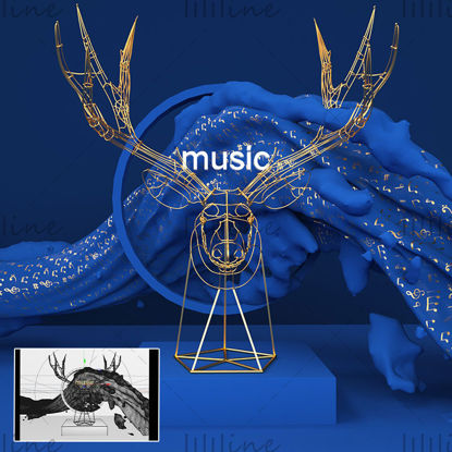 C4D форма головы синего оленя электронная коммерция аудио музыка 3d модель