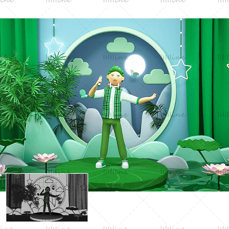C4D зеленый мультфильм летний пруд с лотосами пользовательский интерфейс якорь 3d модель сцена