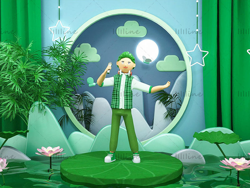 C4D зеленый мультфильм летний пруд с лотосами пользовательский интерфейс якорь 3d модель сцена