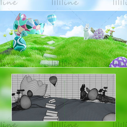 C4D green creative grass 3d scene rabbit model eggshell model hot air balloon