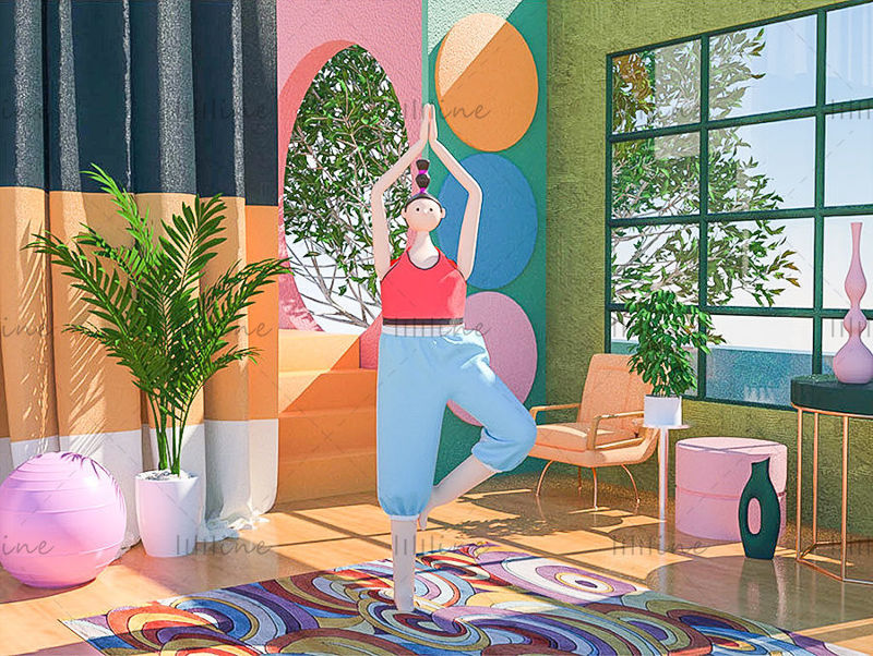 C4D cartoon style home yoga theme 3d scene model