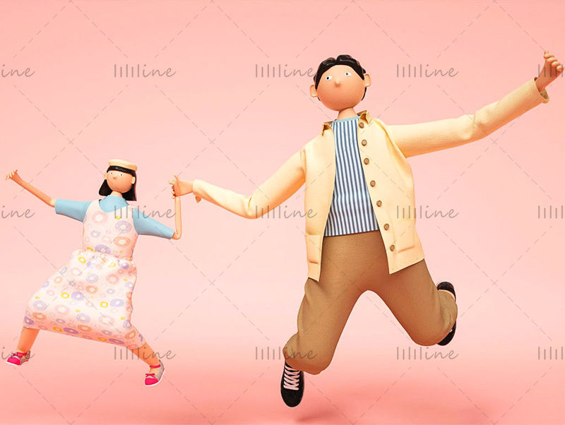 C4D cartoon style father daughter 3d model elements