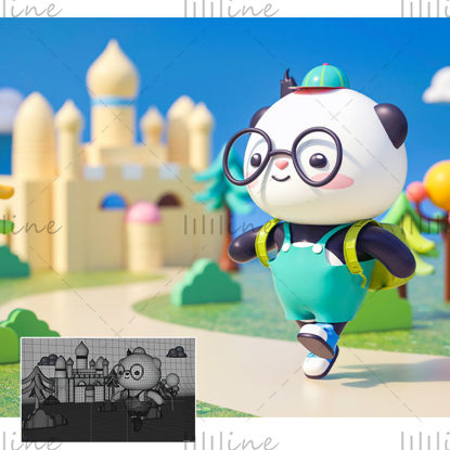 C4D cartoon panda ga naar school weg 3d creatief IP-beeldmodel