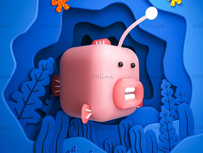 C4D blue pink cartoon fish shape 3d creative model scene