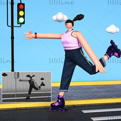 漫画スタイルのローラースケートの女の子のシーンの3Dモデル