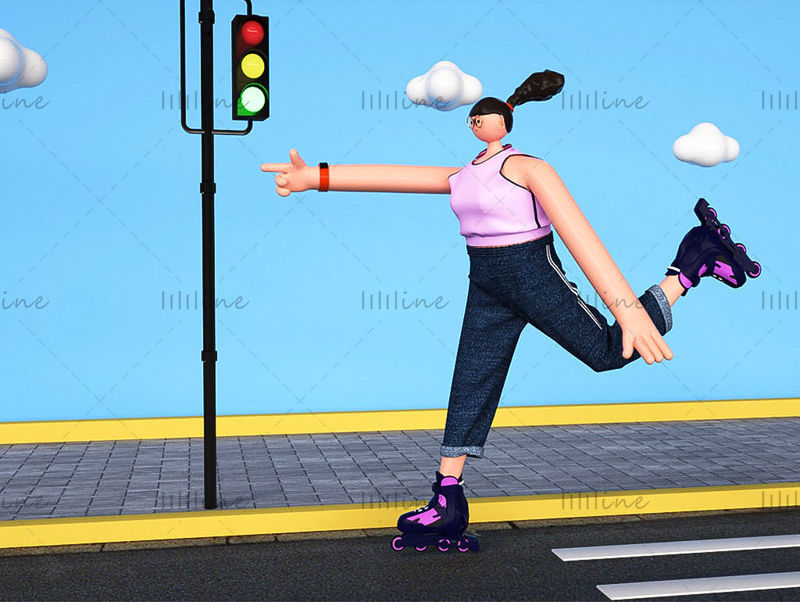 Cartoon stijl rolschaatsen meisje scène 3D-model