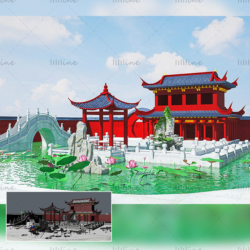 C4D Padiglione del cortile in stile antico cinese che costruisce un modello di scena creativa 3d
