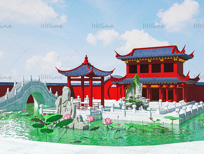 Ц4Д дворишни павиљон у кинеском античком стилу, зграда 3д креативне сцене