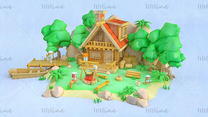 C4D creative forest hut 3d scene model