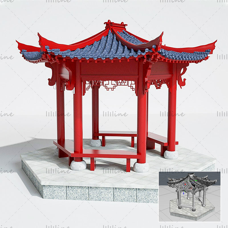 Црвени антички павиљон у кинеском стилу, зграда са 3д моделом