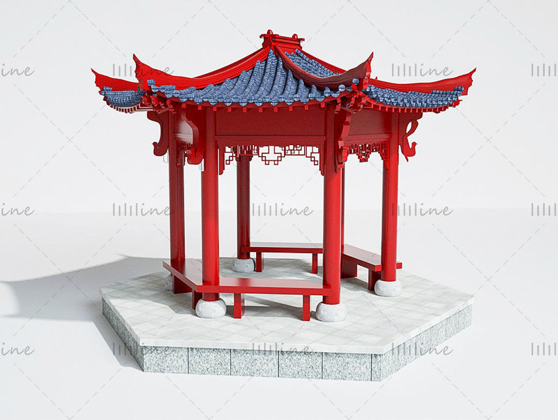 Padiglione rosso antico in stile cinese che costruisce una scena del modello 3d