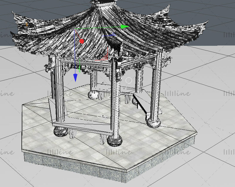Red antique Chinese style pavilion building 3d model scene