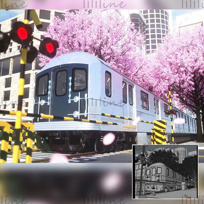 Розовая весна современный город сакуры тема 3d креативная сцена модель