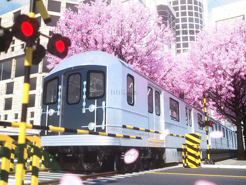 Pink spring modern city cherry blossom theme 3d creative scene model