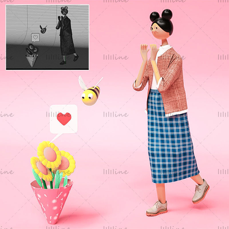 Cartoon style girly bouquet gift 3d model