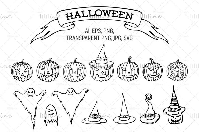 Elle çizilmiş Halloween siluet çizimler