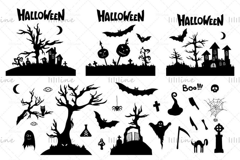 Ilustrações de silhuetas de Halloween desenhadas à mão