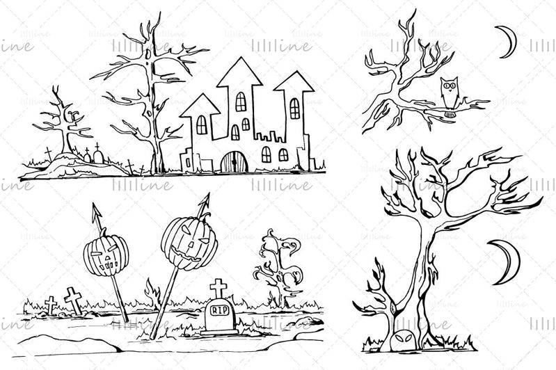Handgetekende Halloween silhouetten illustraties