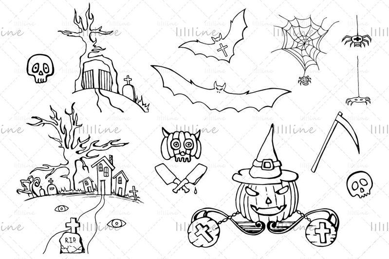 Ilustrații de siluete de Halloween desenate manual