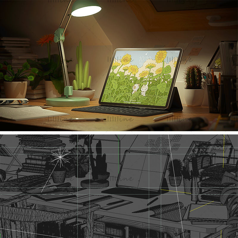 iPad модель настольная лампа c4d модель реалистичная внутренняя сцена 3d проект