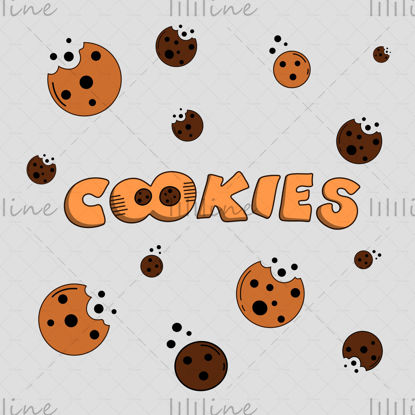 Ilustração de cookies com um logotipo de desenho animado com letras à mão