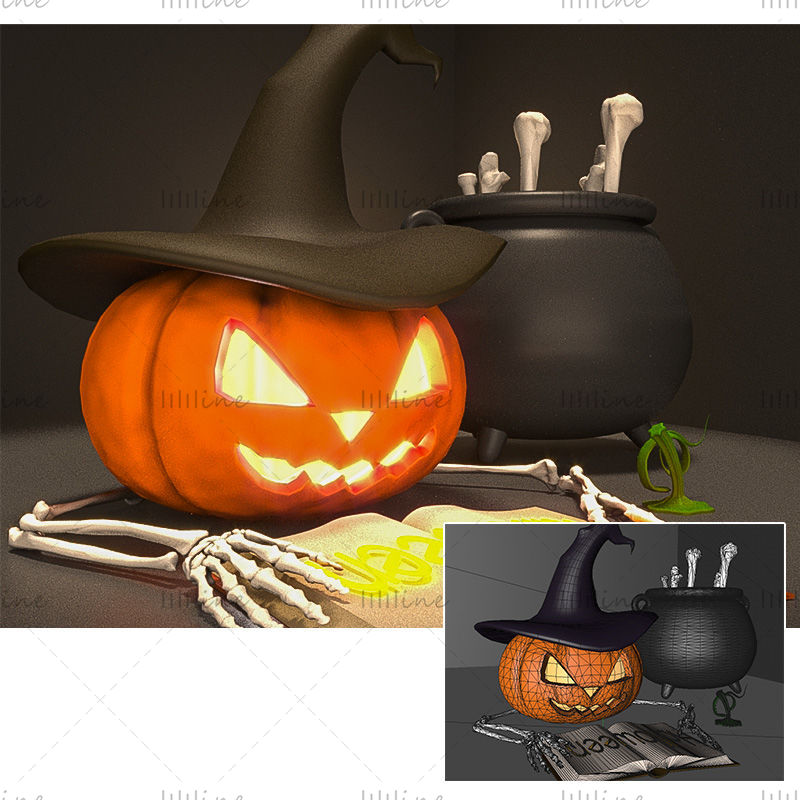 C4D cabeza de calabaza de halloween mago de cocina creativo modelo 3d