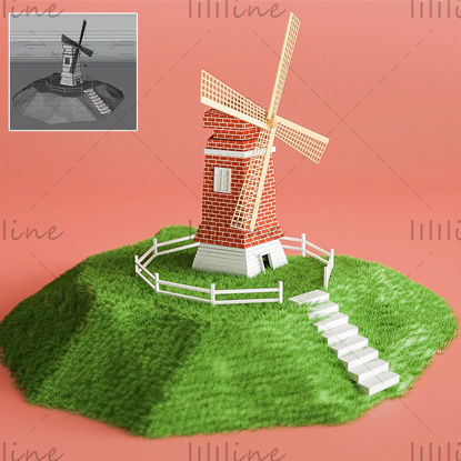 Kreativní kreslený dekorativní 3D model větrného mlýna